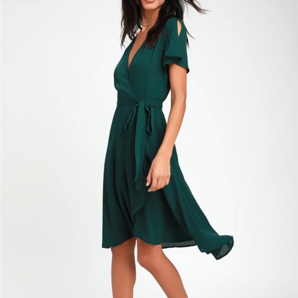 Lulu's Rise to the Occasion Emerald Midi Wrap Dress - Picture 3 of 9